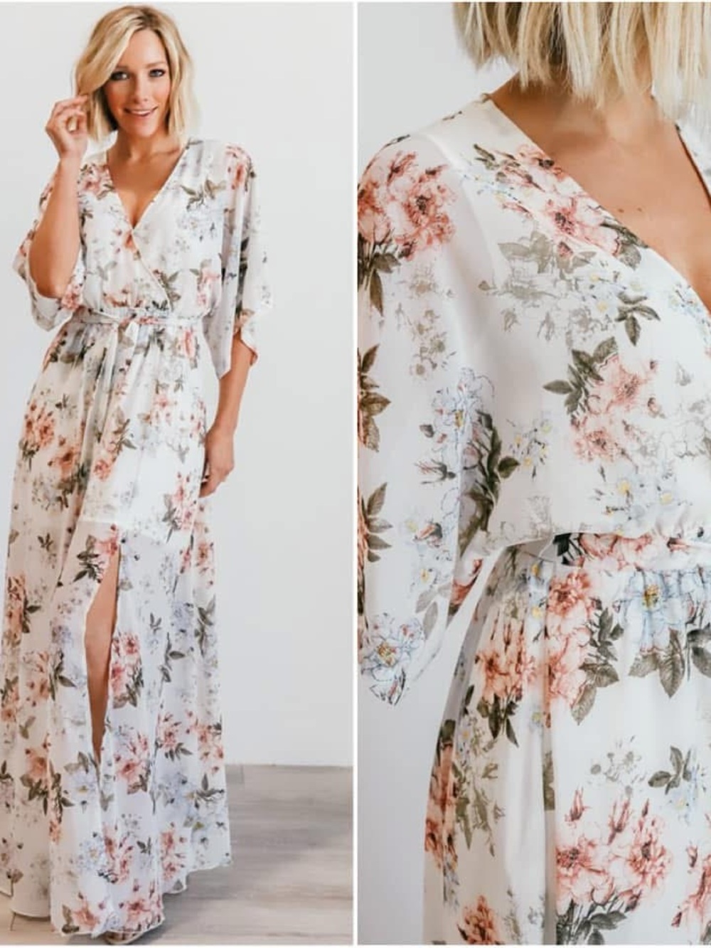 Baltic Born Cream Floral Wrap Maxi Dress with Pink & Green Print